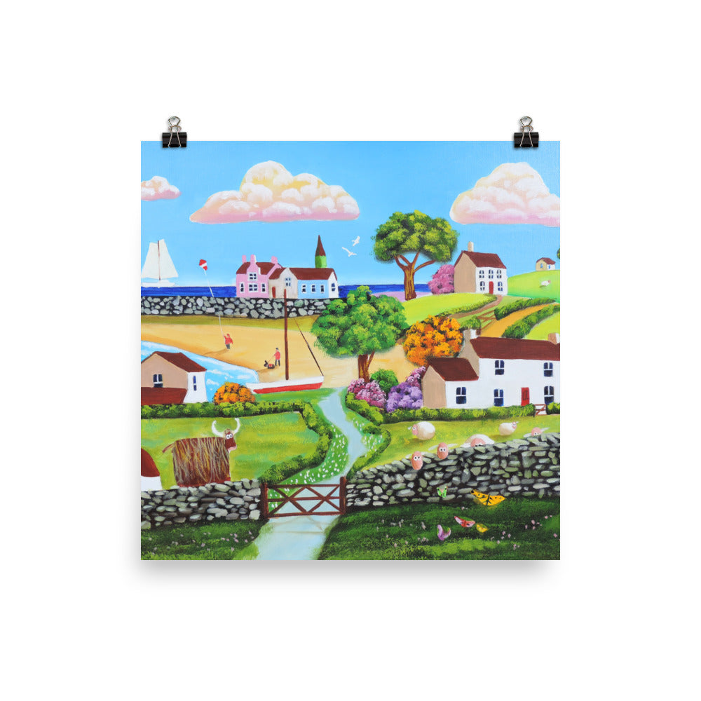 Folk art print, A Highland cow and sheep in a happy seaside landscape Poster
