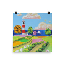 Load image into Gallery viewer, Folk art print, sheep and a lighthouse poster