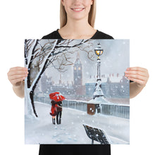 Load image into Gallery viewer, London print, a couple with a red umbrella walk through the snow