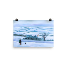 Load image into Gallery viewer, Our view of the house print, man and his dog in winter