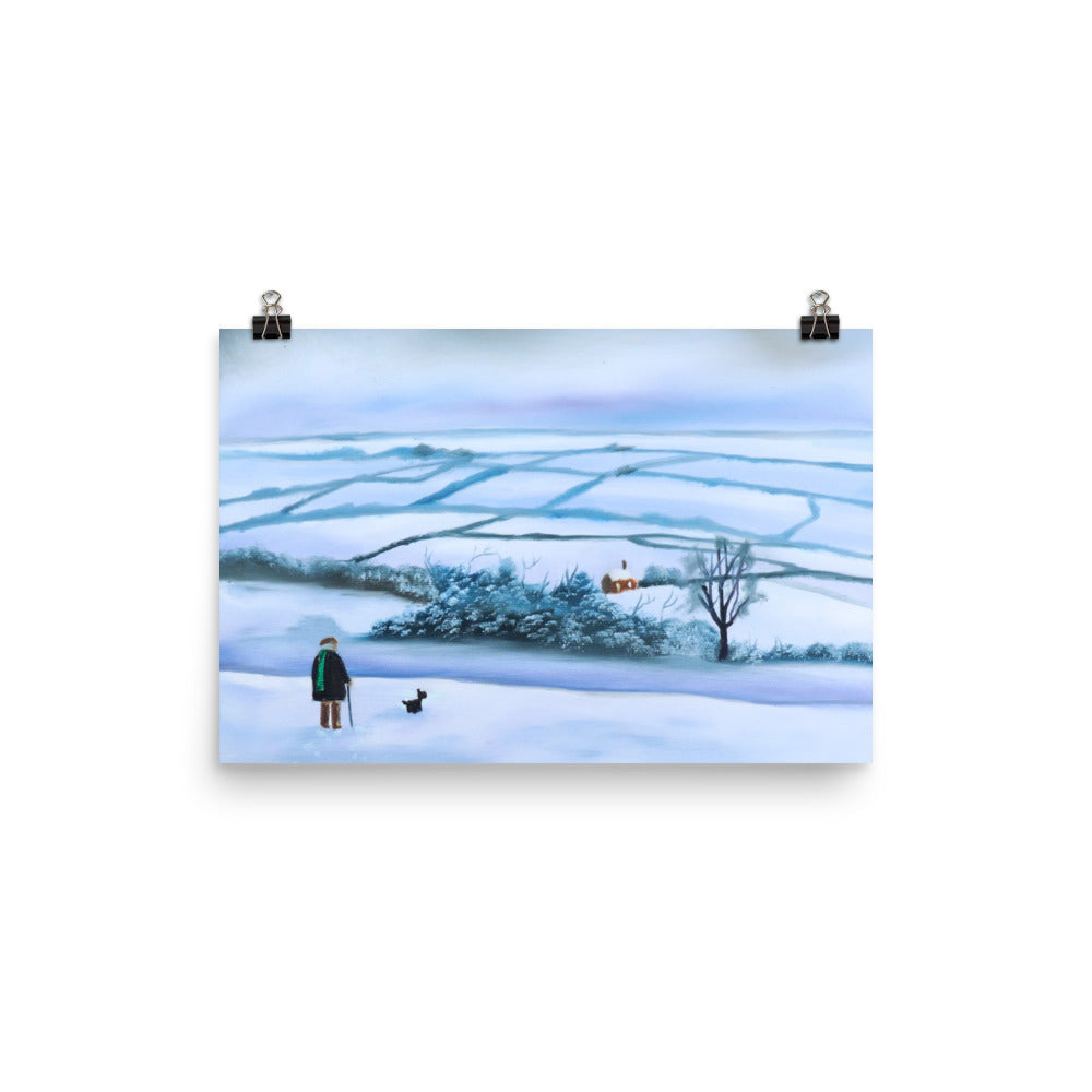 Our view of the house print, man and his dog in winter