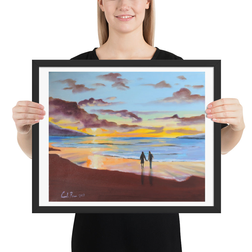 Couple at the beach, sunset Framed print