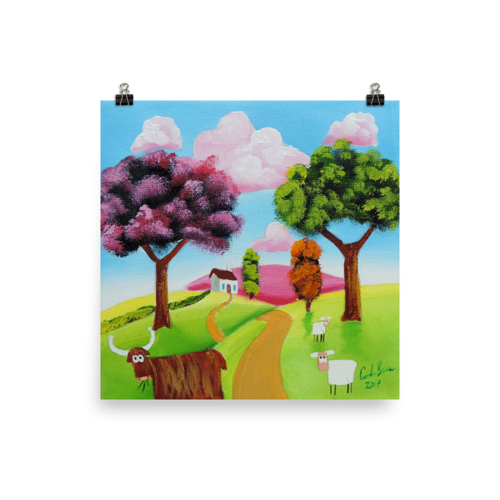 Highland cow naive art print Photo paper poster