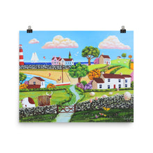 Load image into Gallery viewer, Folk art print, A Highland cow and sheep in a happy seaside landscape Poster