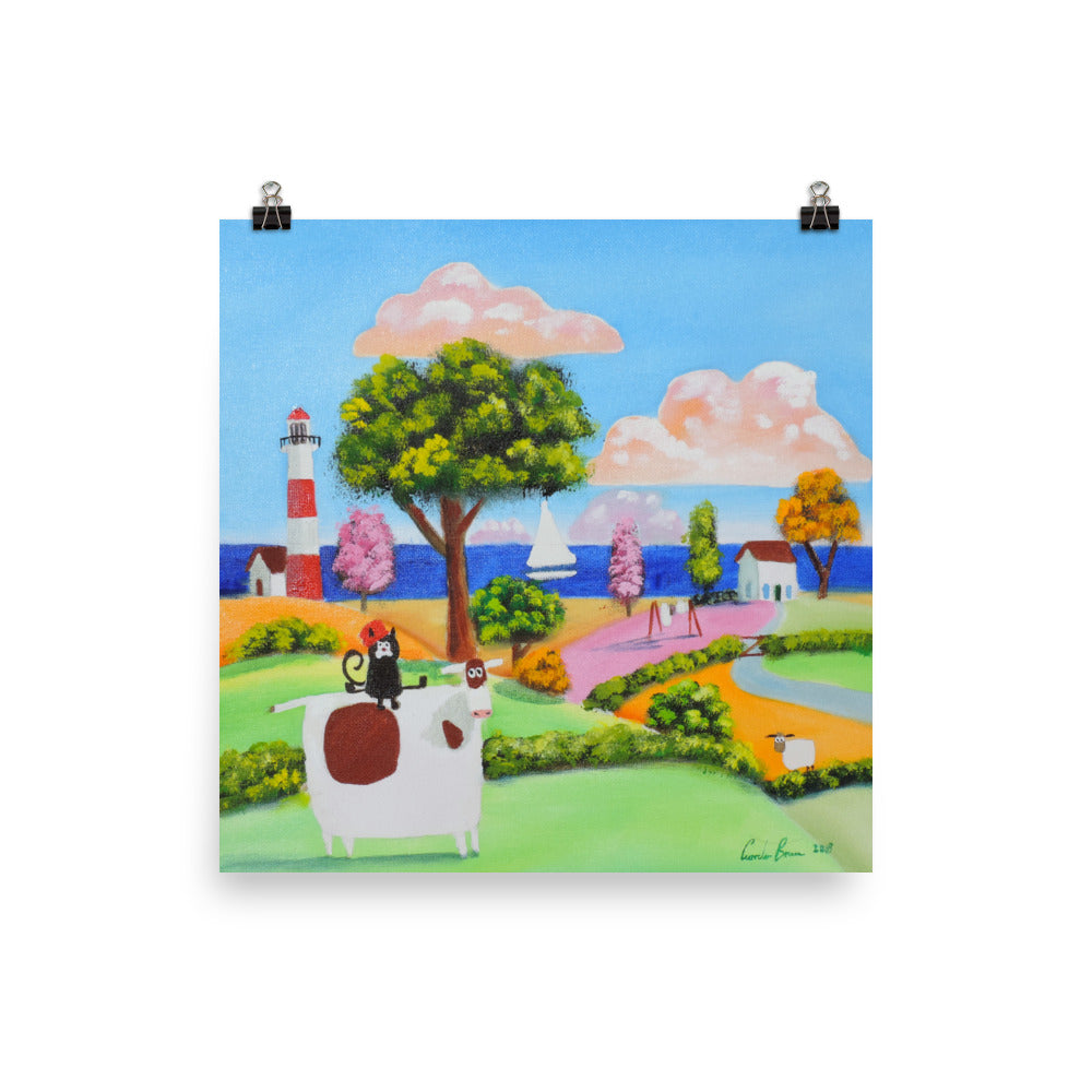 Cat and a cow folk art print, Photo paper poster, Gordon Bruce art