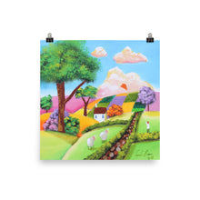 Load image into Gallery viewer, Flying a kite, folk art print, sheep colourful naive art Photo paper poster