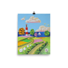 Load image into Gallery viewer, Folk art print, sheep and a lighthouse poster