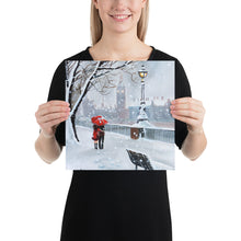 Load image into Gallery viewer, London print, a couple with a red umbrella walk through the snow