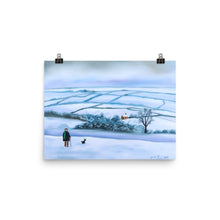 Load image into Gallery viewer, Our view of the house print, man and his dog in winter