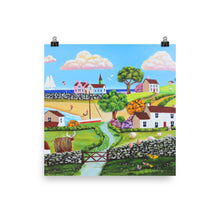 Load image into Gallery viewer, Folk art print, A Highland cow and sheep in a happy seaside landscape Poster