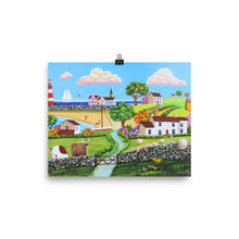 Load image into Gallery viewer, Folk art print, A Highland cow and sheep in a happy seaside landscape Poster