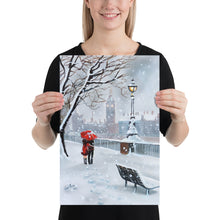 Load image into Gallery viewer, London print, a couple with a red umbrella walk through the snow
