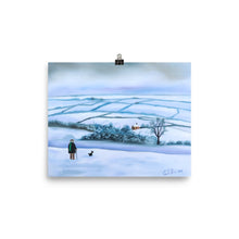 Load image into Gallery viewer, Our view of the house print, man and his dog in winter