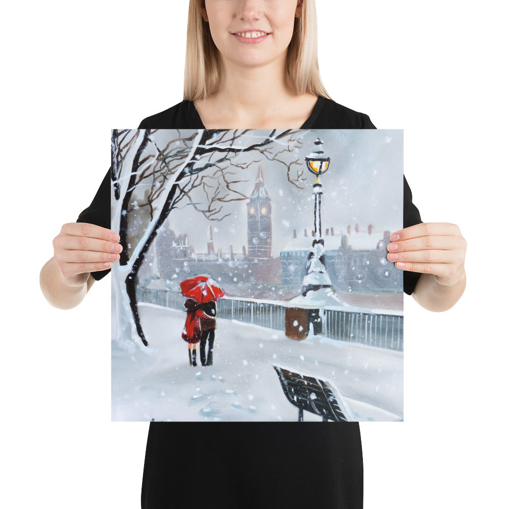 London print, a couple with a red umbrella walk through the snow