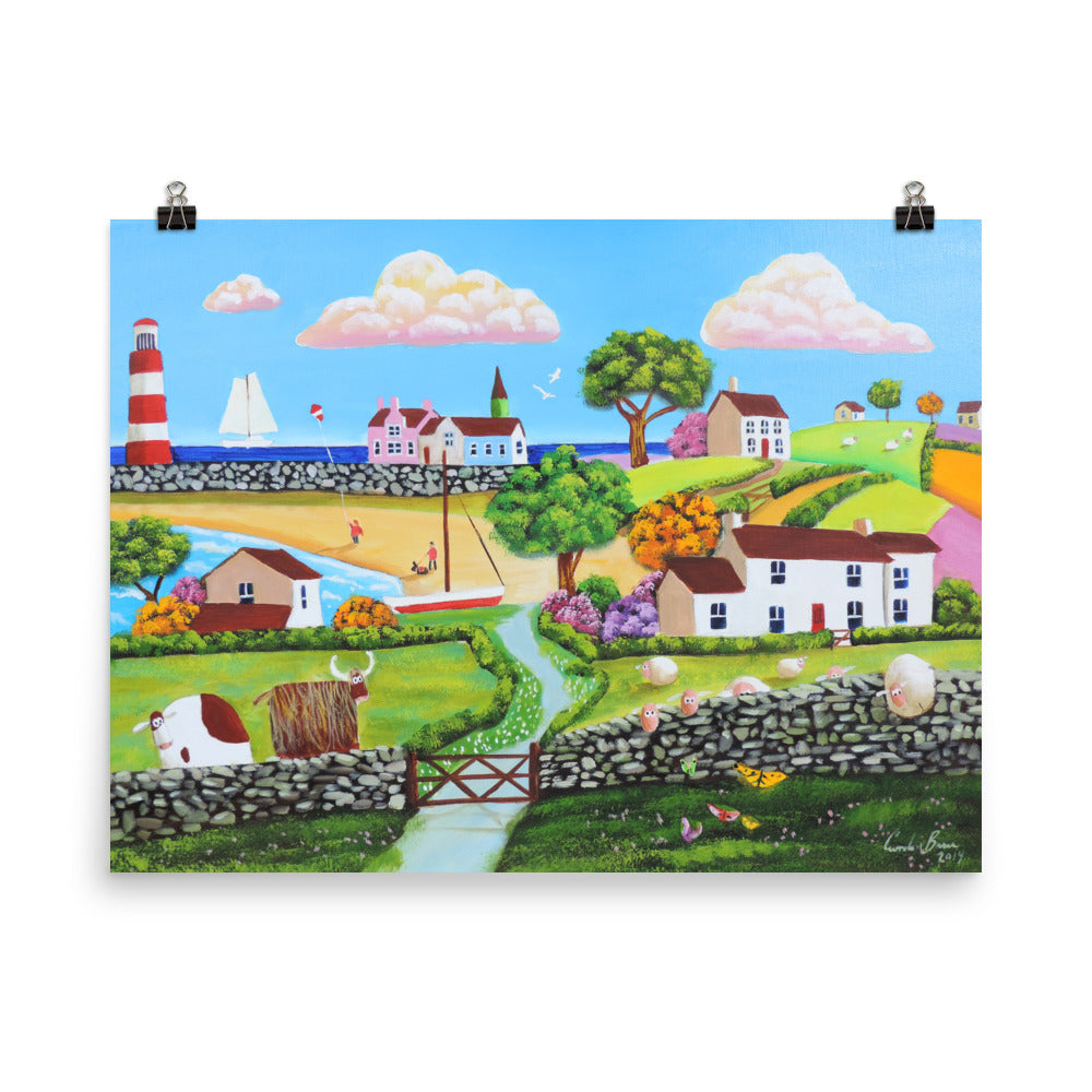 Folk art print, A Highland cow and sheep in a happy seaside landscape Poster