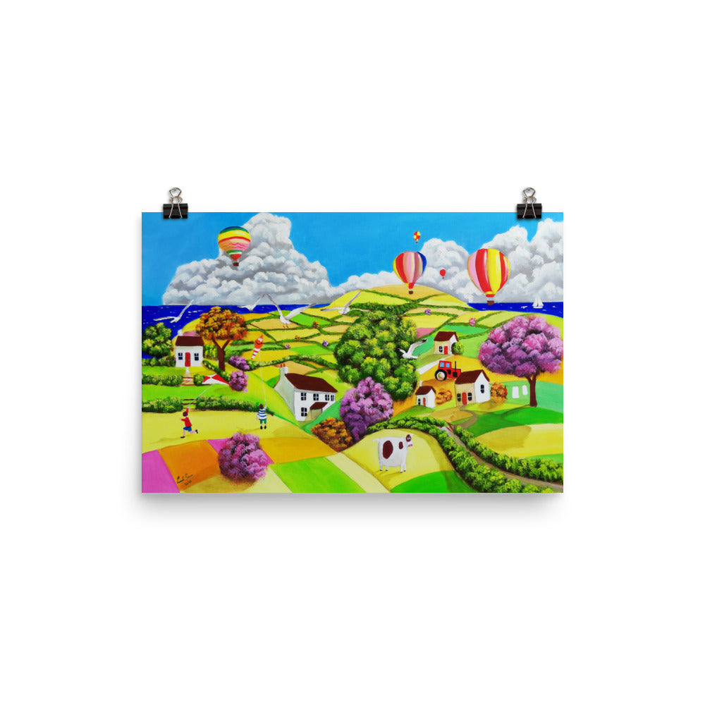 Flying kites folk art Poster