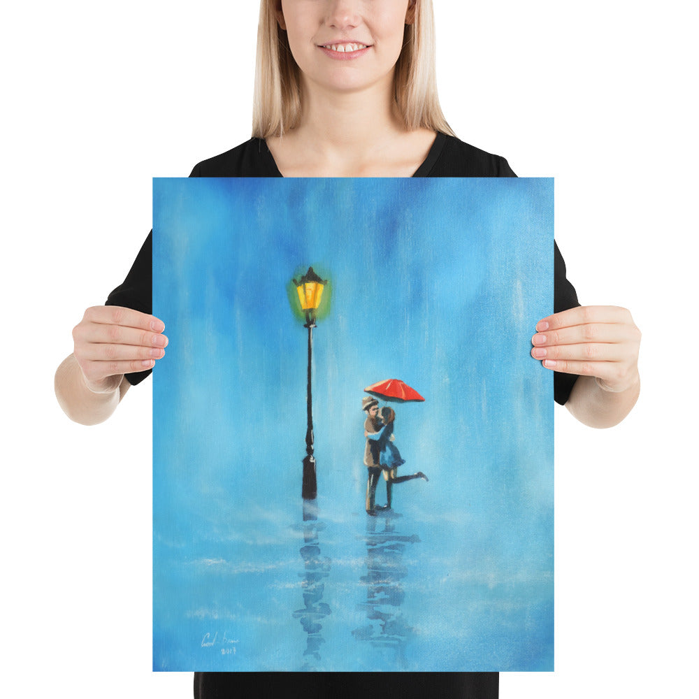 Kissing couple in the rain print