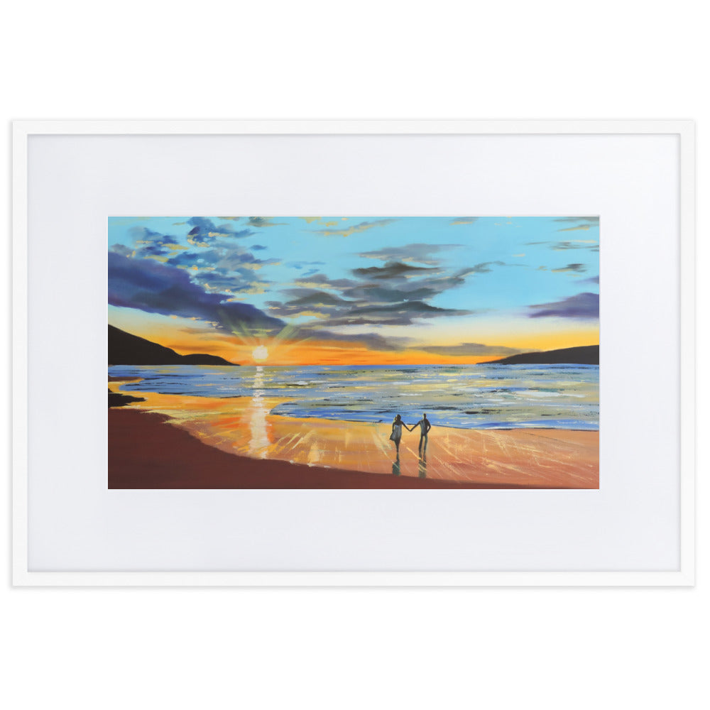 Romantic beach sunset print, Framed print With Mat
