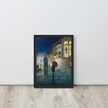 Load image into Gallery viewer, Night in the city with a red umbrella framed print