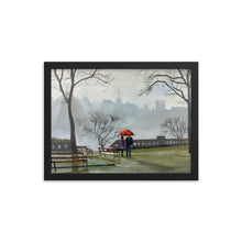 Load image into Gallery viewer, Couple in the rain with a red umbrella, Edinburgh city framed print