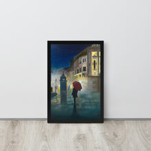 Load image into Gallery viewer, Night in the city with a red umbrella framed print