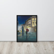 Load image into Gallery viewer, Night in the city with a red umbrella framed print