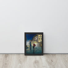 Load image into Gallery viewer, Night in the city with a red umbrella framed print