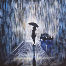 Load image into Gallery viewer, Woman in the Rain – Original Atmospheric City Oil Painting
