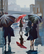Load image into Gallery viewer, Red Umbrella – Original Rainy City Oil Painting