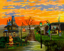 Load image into Gallery viewer, Halloween painting, flying witch, haunted house art
