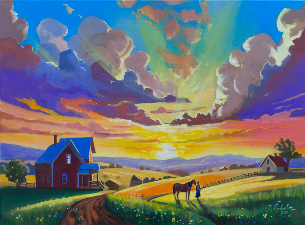 Golden Twilight on the Homestead original oil painting