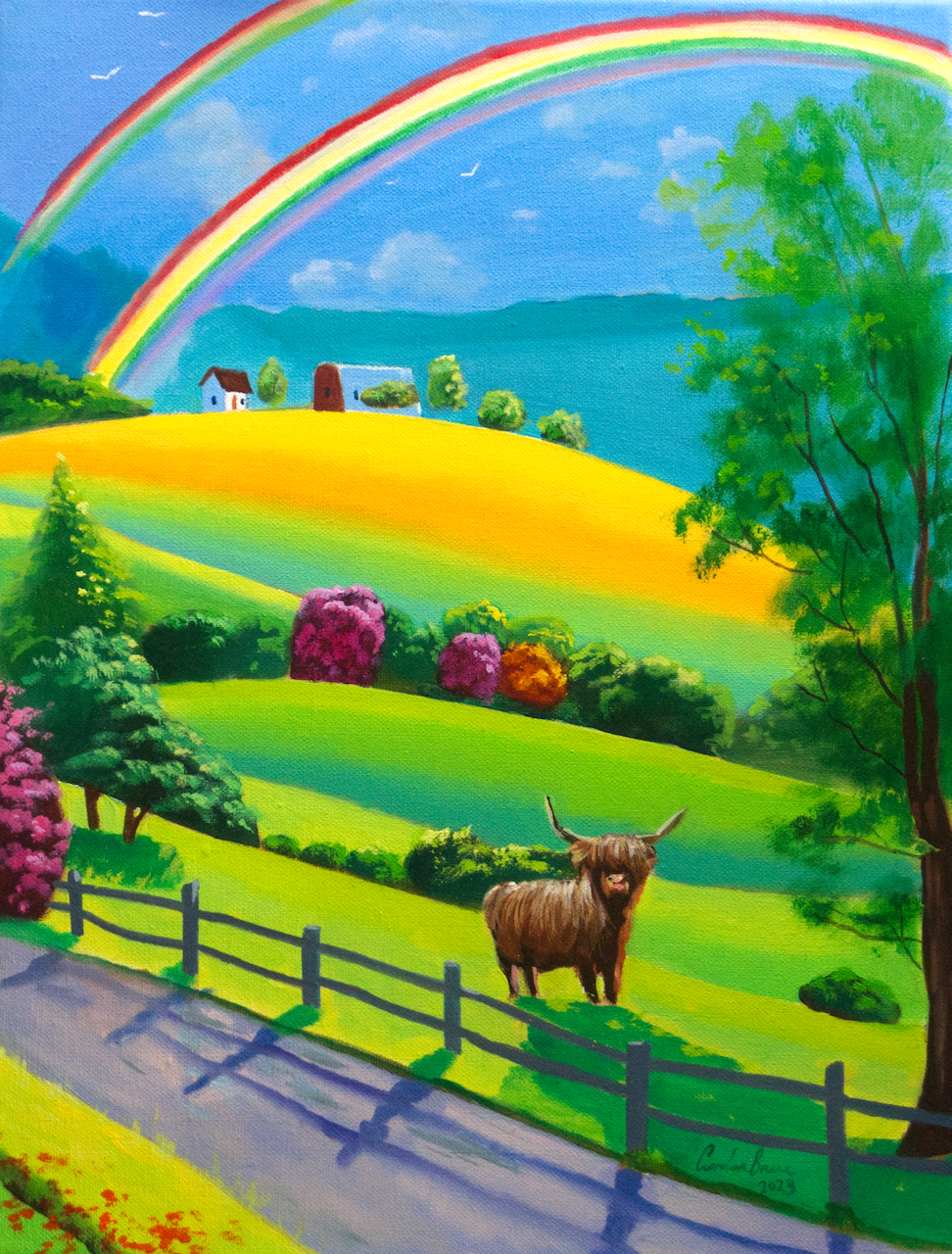 Highland cow and a double rainbow original painting