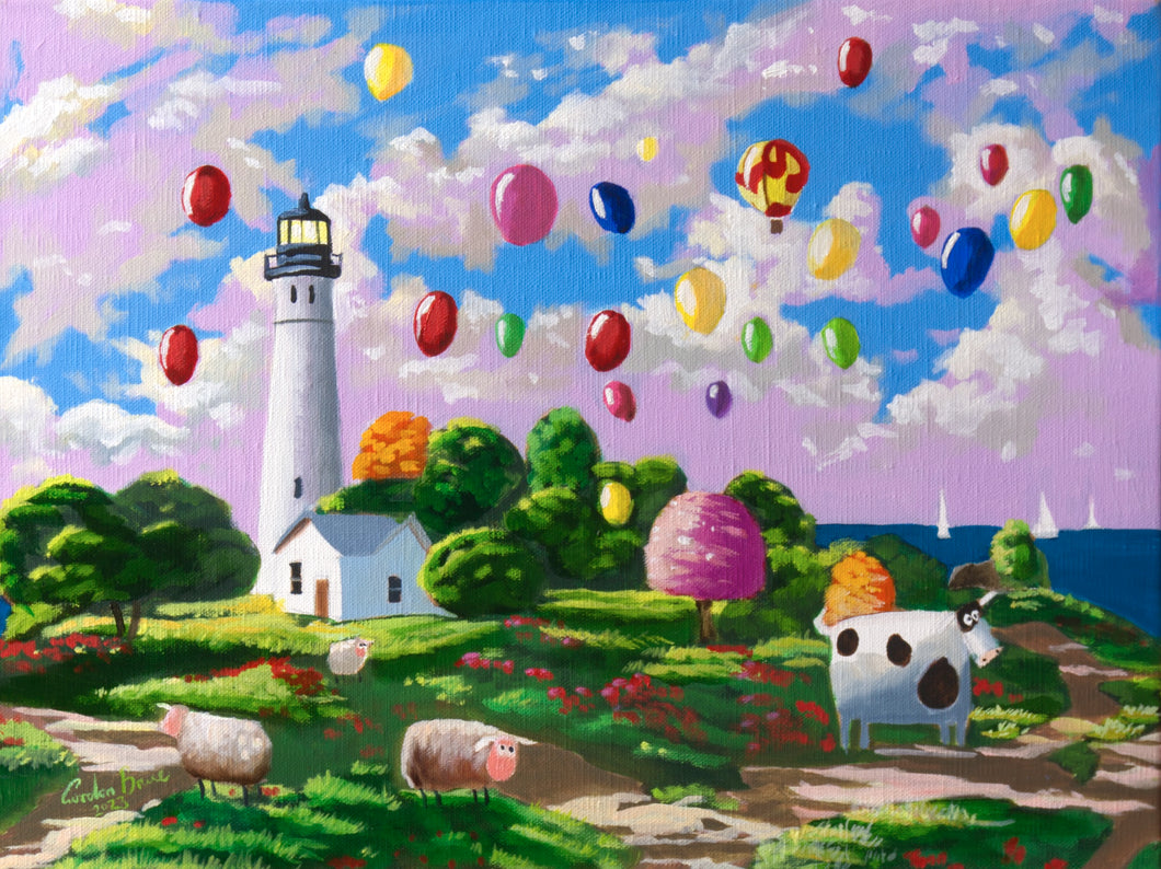 Lighthouse and balloons original painting