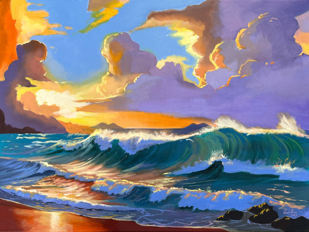 Seascape Art - Rolling Waves on the Shore - Colourful Oil Painting - 24x18 Inches