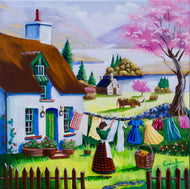 Folk art original painting, Highland Cottage Charm: Washing Day by the Loch