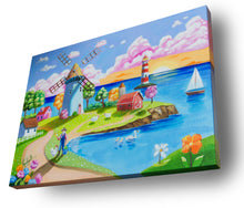 Load image into Gallery viewer, Sunset by the Windmill: Folk Art Coastal Village Oil Painting
