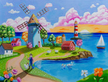 Load image into Gallery viewer, Sunset by the Windmill: Folk Art Coastal Village Oil Painting
