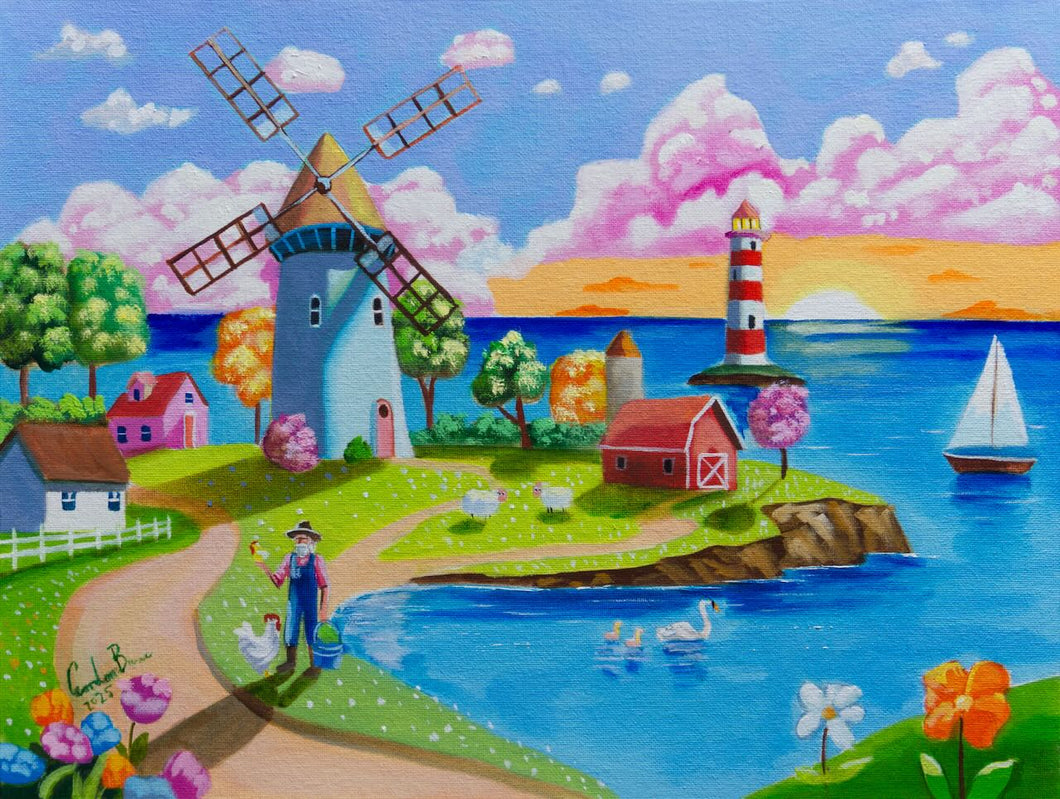 Sunset by the Windmill: Folk Art Coastal Village Oil Painting