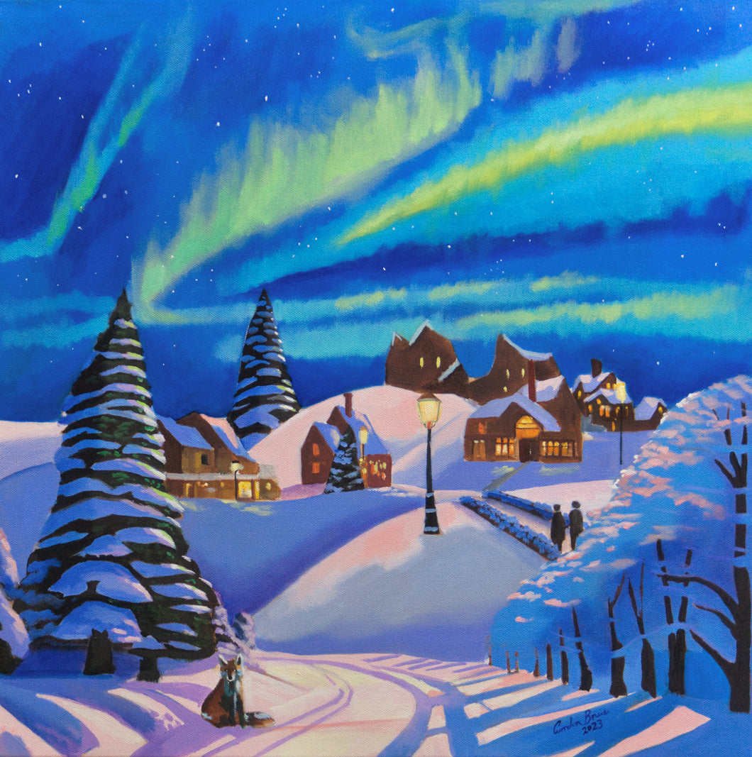 Winter fox and the northern lights original painting