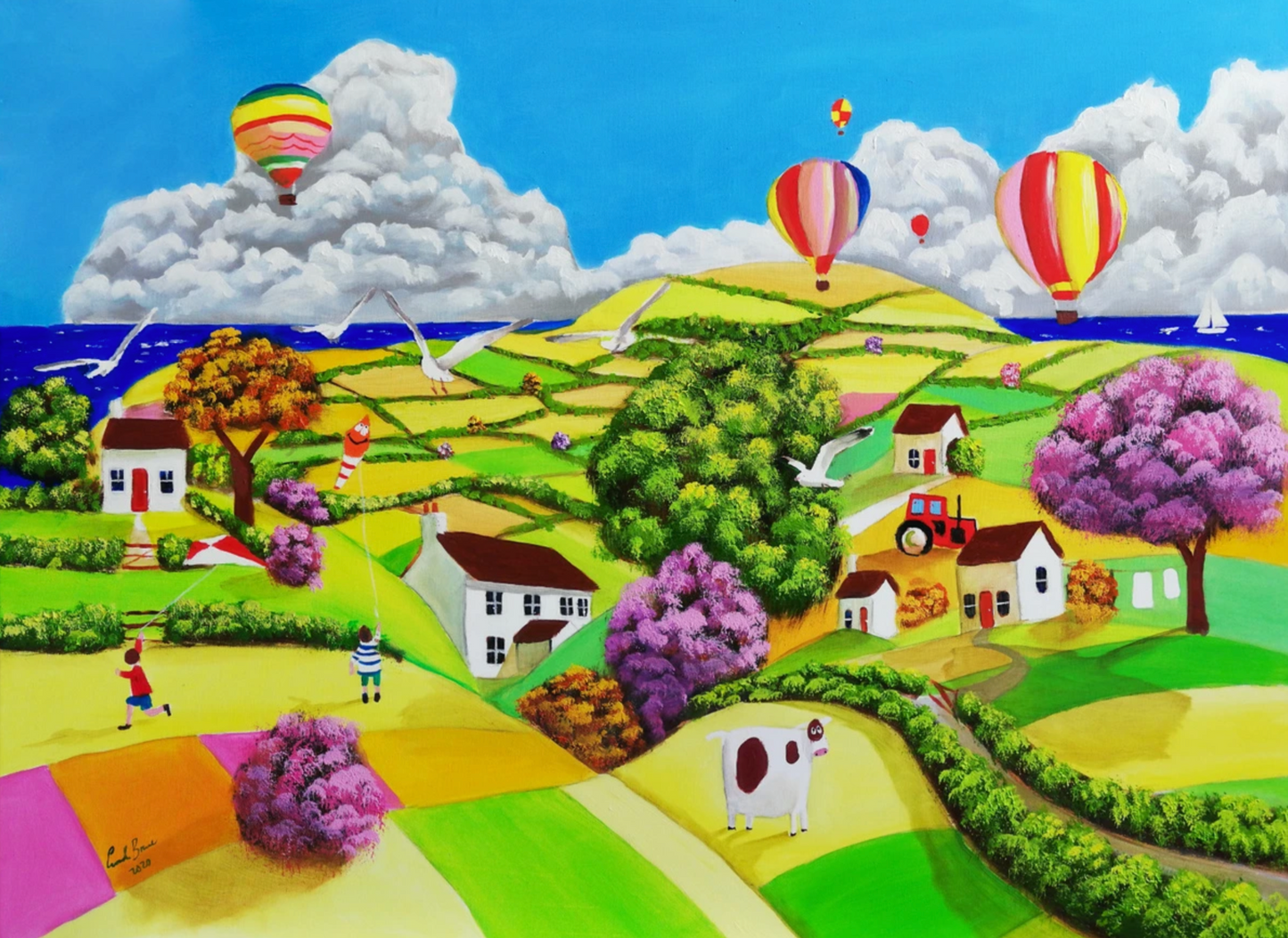 Flying kites (2020) folk art painting