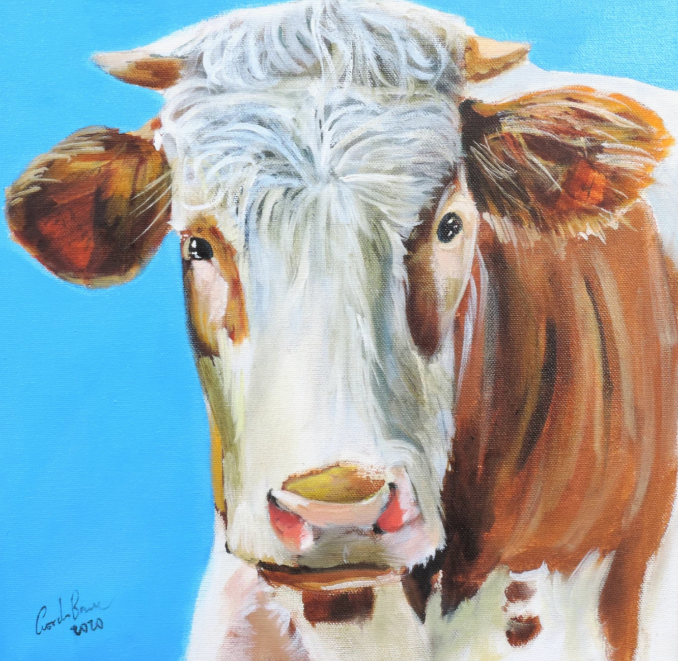 Cow painting a portrait in blue (2020)