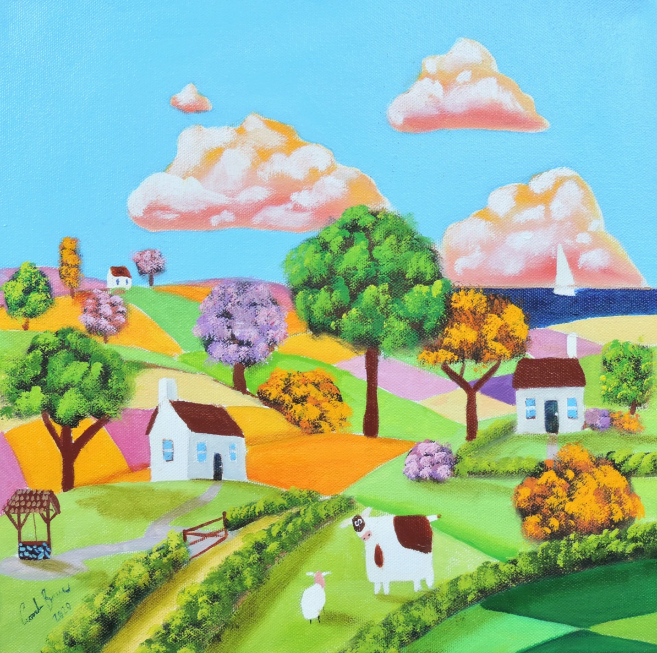 Cow and sheep naive art painting