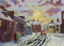 Load image into Gallery viewer, winter street scene red car (linen canvas) (2019)
