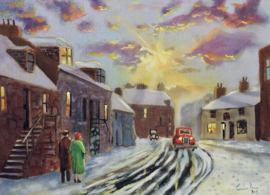 winter street scene red car (linen canvas) (2019)