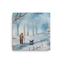 Load image into Gallery viewer, Man and dog, winter landscape canvas print from painting
