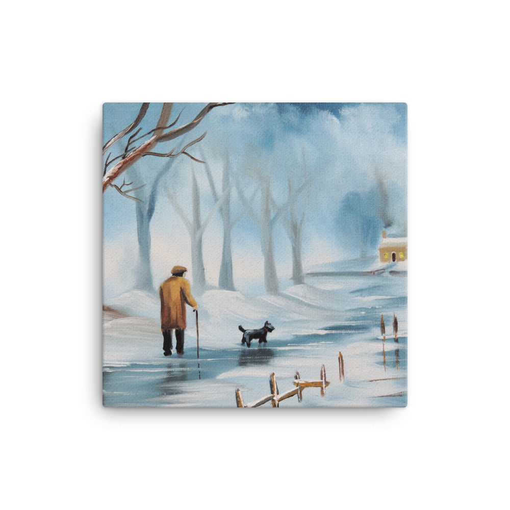 Man and dog, winter landscape canvas print from painting