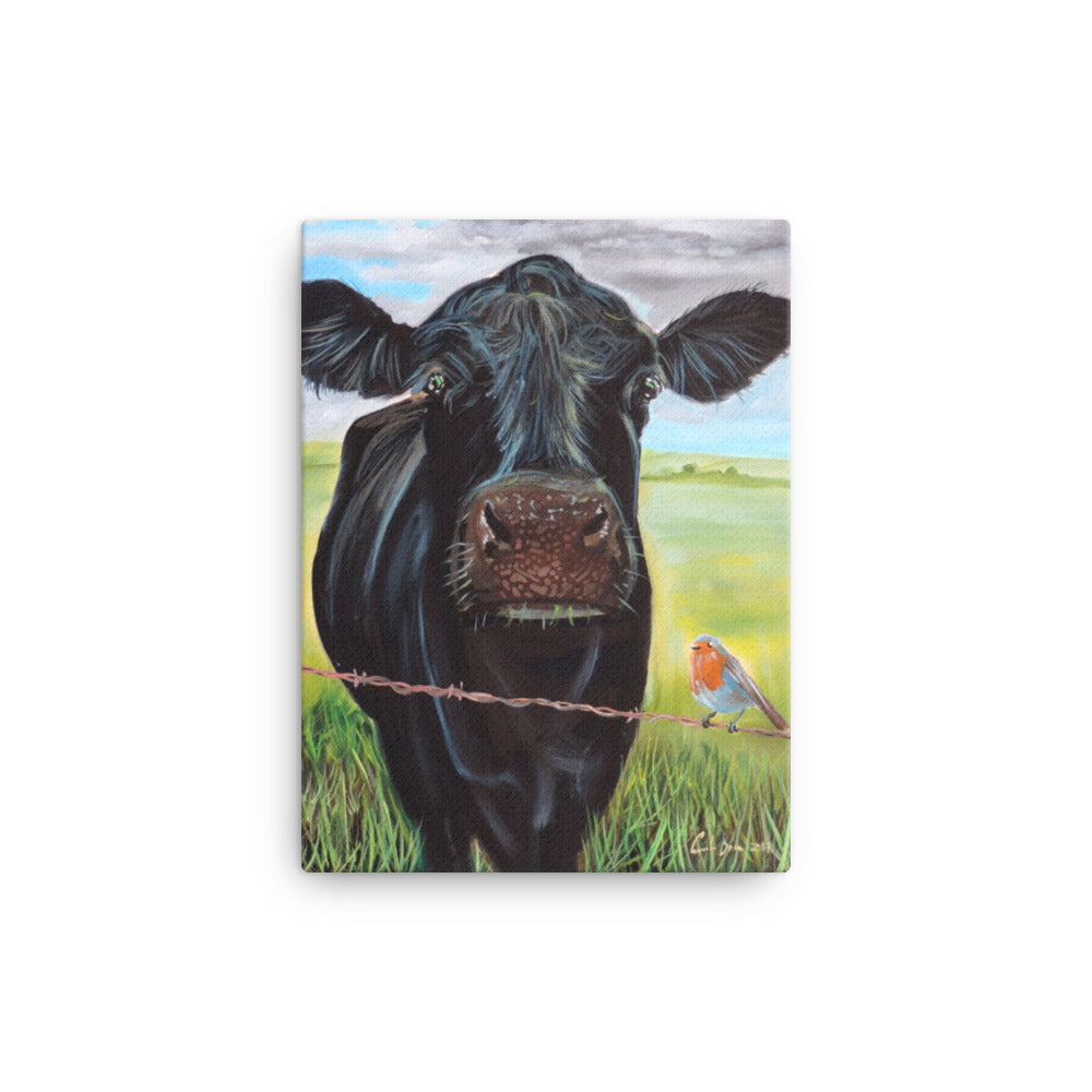 Cow and a robin Canvas wall art print