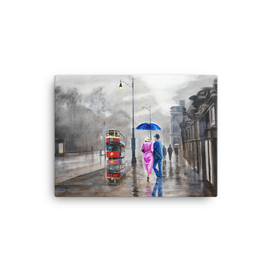 Couple in the rain with a red umbrella Canvas print