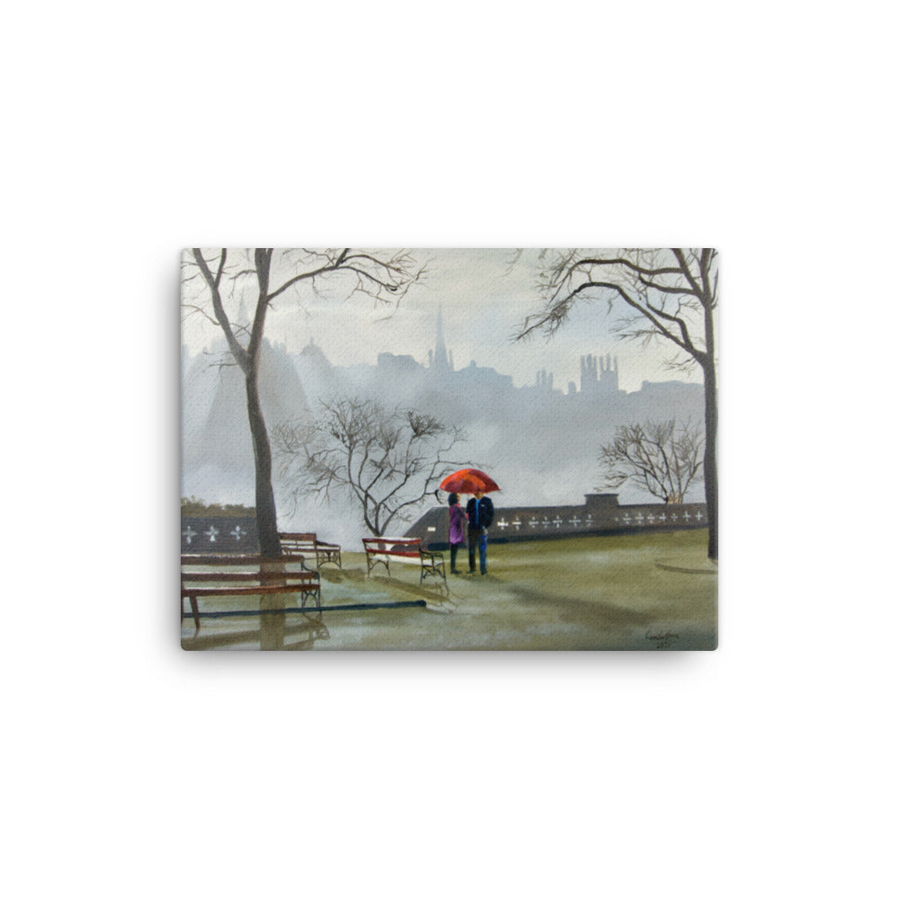 Couple in the rain with a red umbrella, Edinburgh city Canvas print
