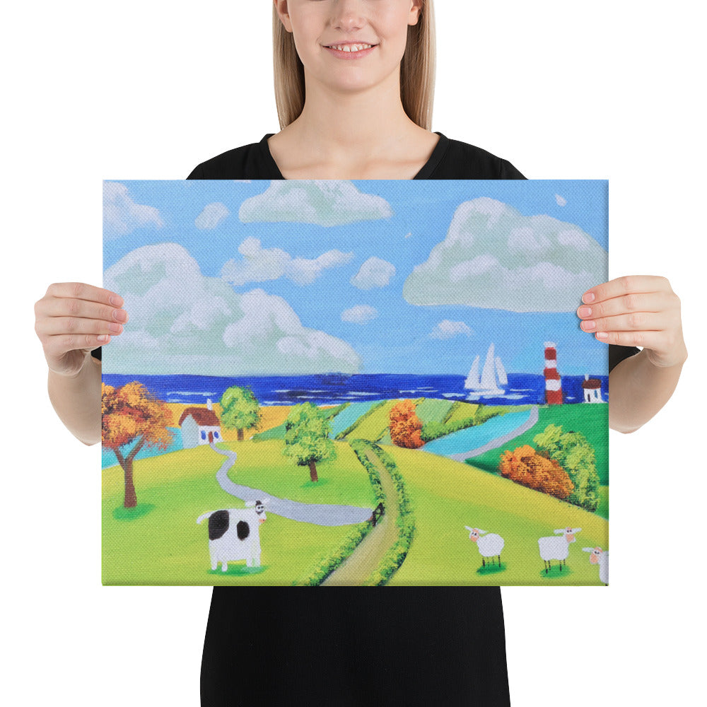 Folk art cow  and sheep Nursery print Canvas